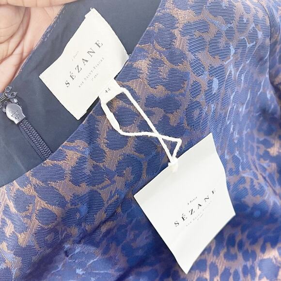 Sezane Women's Auberie Leopard Print Blue and Brown Boat neck Dress Size 12 - Picture 3 of 6